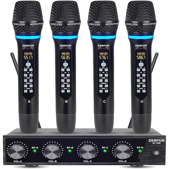 Rechargeable Wireless Microphone System 4 Channel Pro, UHF Metal Handheld Wireless Mics Cordless for Church Karaoke Singing with Echo Treble BASS VOL Channel Control(GT-200)