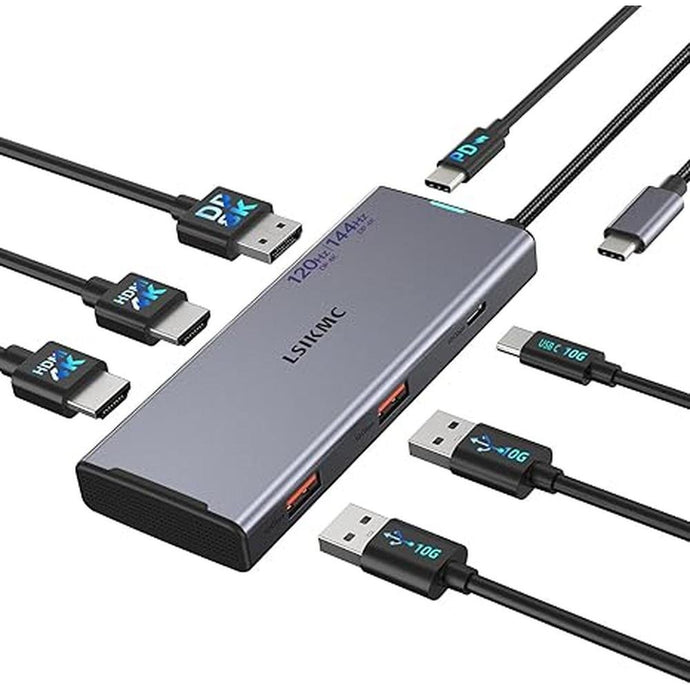 4K Triple Monitor Docking Station, 7-in-1 USB C Hub with Dual HDMI 4K@60Hz, DP 8K@30Hz/4K@144Hz/4K@120Hz, 100W PD, 3x10Gbps USB for Dell/HP/Lenovo