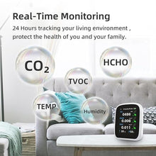 Load image into Gallery viewer, Indoor Air Quality Monitor, 5 in 1 Professional &amp; Accurate CO2, TVOC, HCHO, Humidity&amp; Temperature Detector for Tent Camping Home Office School Car
