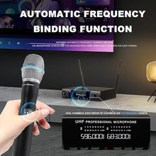 Load image into Gallery viewer, BOMGE 340U UHF Wireless Microphone System, Metal Dynamic Cordless Mic Set with Case,Auto Scan, for Singing, Karaoke, Church, DJ, 2x200UHF Adjustable Frequencies,Long Range 328ft Range
