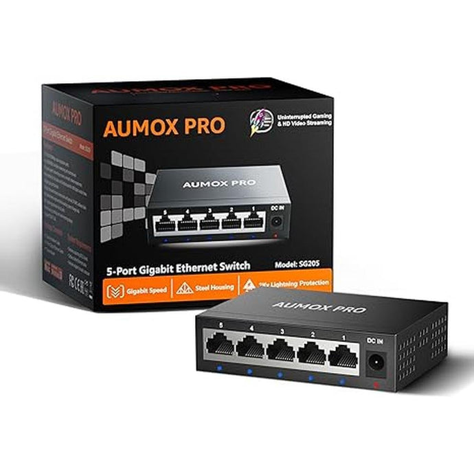5 Port Gigabit Unmanaged Ethernet Switch, AUMOX PRO Home Network Hub, Office Ethernet Splitter, Plug-and-Play, Silent Operation, Desktop or Wall Mount, Fanless Metal Design