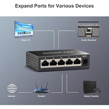 Load image into Gallery viewer, 5 Port Gigabit Unmanaged Ethernet Switch, AUMOX PRO Home Network Hub, Office Ethernet Splitter, Plug-and-Play, Silent Operation, Desktop or Wall Mount, Fanless Metal Design
