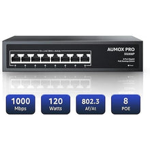 Load image into Gallery viewer, 8 Port PoE Switch Gigabit 120W, Gigabit Unmanaged Ethernet Switch, Plug &amp; Play, 802.3af/at Compliant, Metal Housing, 8-Port Network Switch for Home/Office Energy Efficient Silent Operation

