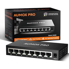 Load image into Gallery viewer, 8 Port Gigabit Unmanaged Ethernet Switch, AUMOX PRO Home Network Hub, Office Ethernet Splitter, Plug-and-Play, Silent Operation, Desktop or Wall Mount, Fanless Metal Design
