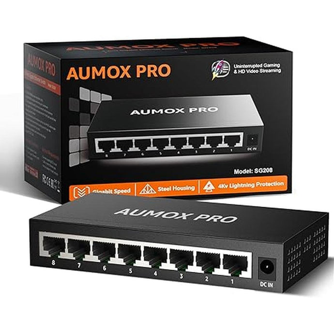 8 Port Gigabit Unmanaged Ethernet Switch, AUMOX PRO Home Network Hub, Office Ethernet Splitter, Plug-and-Play, Silent Operation, Desktop or Wall Mount, Fanless Metal Design