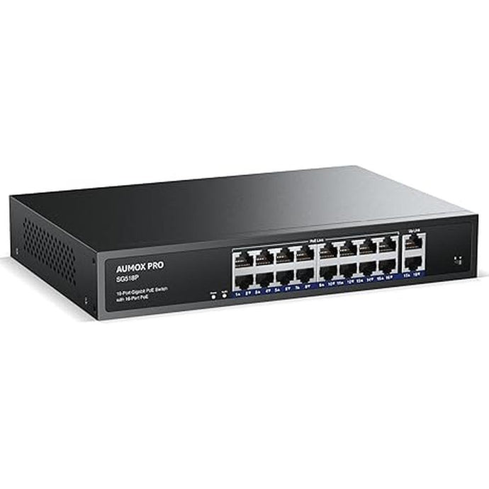 16 Port Gigabit PoE Switch,AUMOX PRO SG518P 18 Ethernet Unmanaged PoE with 2 Gigabit Uplink 250W,Plug and Play,Sturdy Metal Desktop, Wall Mount or Rackmount Network Switch, 802.3af/at Compliant