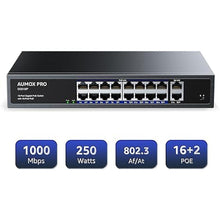 Load image into Gallery viewer, 16 Port Gigabit PoE Switch,AUMOX PRO SG518P 18 Ethernet Unmanaged PoE with 2 Gigabit Uplink 250W,Plug and Play,Sturdy Metal Desktop, Wall Mount or Rackmount Network Switch, 802.3af/at Compliant

