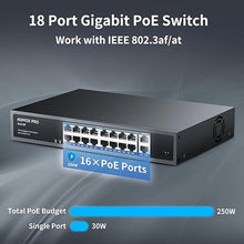 Load image into Gallery viewer, 16 Port Gigabit PoE Switch,AUMOX PRO SG518P 18 Ethernet Unmanaged PoE with 2 Gigabit Uplink 250W,Plug and Play,Sturdy Metal Desktop, Wall Mount or Rackmount Network Switch, 802.3af/at Compliant
