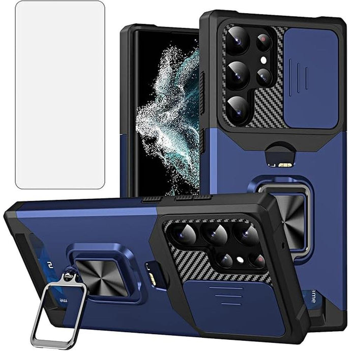 Asuwish Phone Case for Samsung Galaxy S24 Ultra 5G with Slide Camera Cover and Tempered Glass Screen Protector Card Holder Ring Stand Hybrid Cell Accessories S24Ultra 24S S 24 24Ultra Women Men Blue
