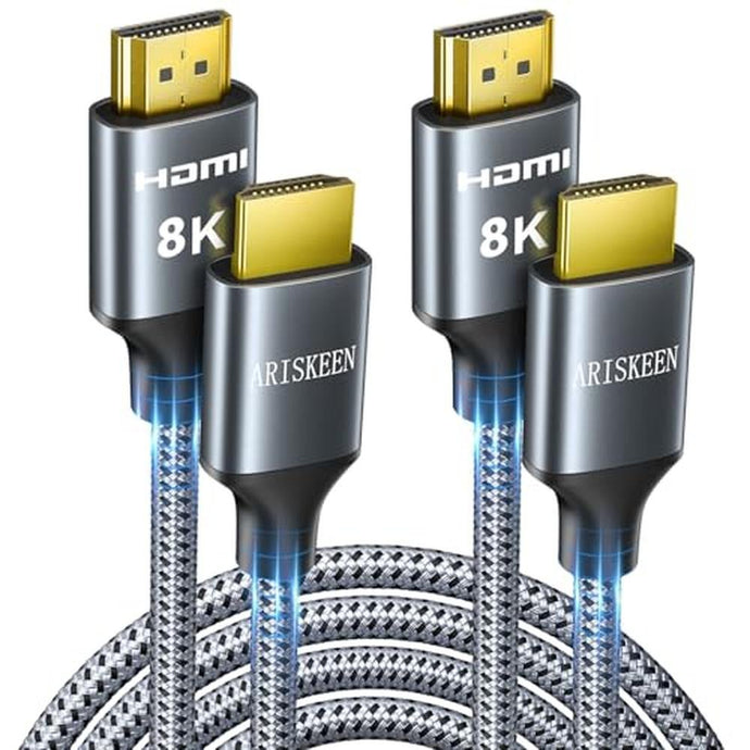 ARISKEEN 8K HDMI Cable 1.5FT 2-Pack, 48Gbps High Speed HDMI 2.1 Cable, 8K 60Hz, 4K 120Hz 144Hz Support for HDR 10, HDCP 2.2 2.3, eARC, DTS:X, Braided HDMI Cord Compatible with Laptop/HDTV - 1.5 Feet