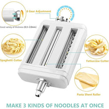 Load image into Gallery viewer, Pasta Maker Attachment 3 in 1 Set for KitchenAid Stand Mixers, 8 Adjustable Thickness Settings, Pasta Attachment Included Pasta Sheet Roller, Spaghetti Cutter and Fettuccine Cutter and Cleaning Brush

