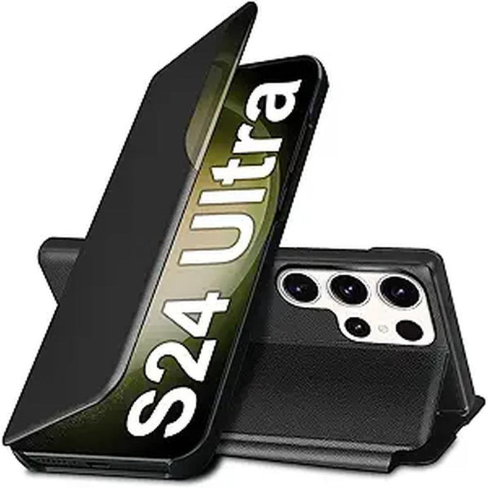 S24 Ultra Flip Case for Samsung Galaxy S24 Ultra 5G Case, Clear View Slim Fit Leather Cover for Samsung S24 Ultra Phone Case with Kickstand Rugged Heavy Duty Shockproof Bumper Shell, 6.8 Inch (Black)