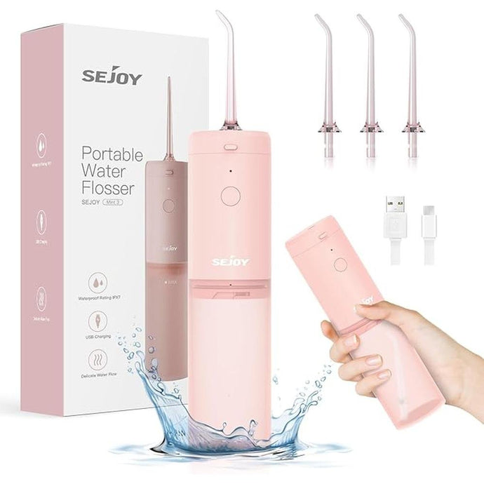 Water Flosser Dental Oral Irrigator Teeth Cleaner Portable Travel Rechargeable Cordless,IPX7 Electric Plaque Remover 3 Modes 3 Jet Tips 140ml (Pink)