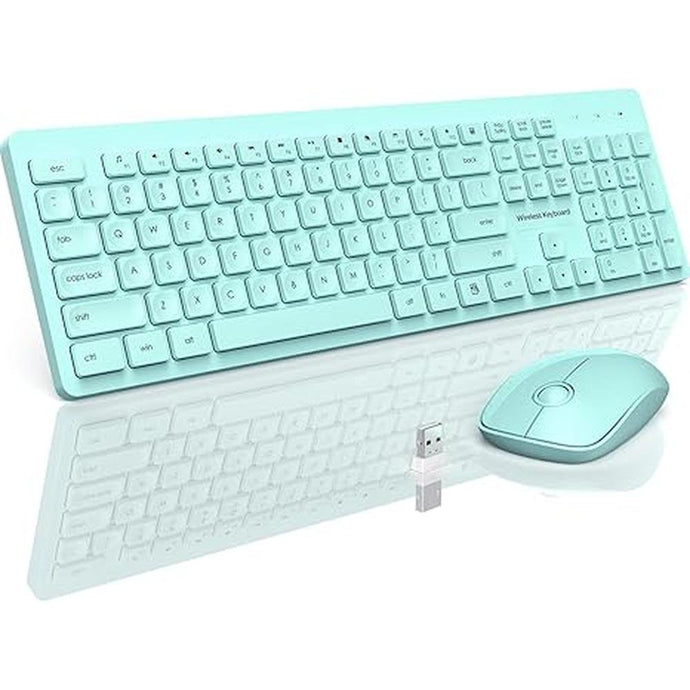 Wireless Keyboard and Mouse Comb, VEILZOR 2.4G Ultra-Slim USB Keyboard Mouse Set, Water-Dropping Keycaps, 12 Shortcuts, Wireless Keyboard for PC Laptop Windows XP/7/8/10, Vista, Mac (Green)