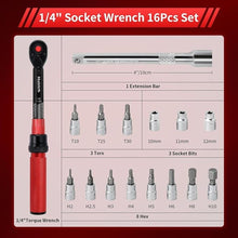 Load image into Gallery viewer, 1/4-Inch Drive Click Torque Wrench Set,2.3-24.9 N.M/20-220IN.LB, Bike Torque Wrench Set,16PCS 72-tooth Torque Wrenches Set with Extension Bar &amp; Socket Sets for Bicycle
