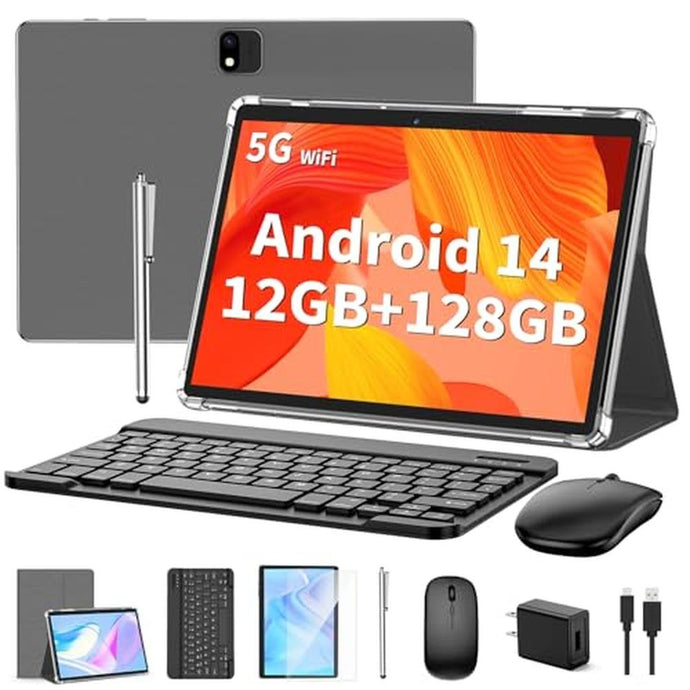 QDDQ Android Tablet with Keyboard, Android 14 Tablet, 12(6+6) GB+128GB, 1TB Expand, 2 in 1, Mouse, Stylus, 8000mAh Battery, 2.4G/5G WiFi, GPS, Silver Case