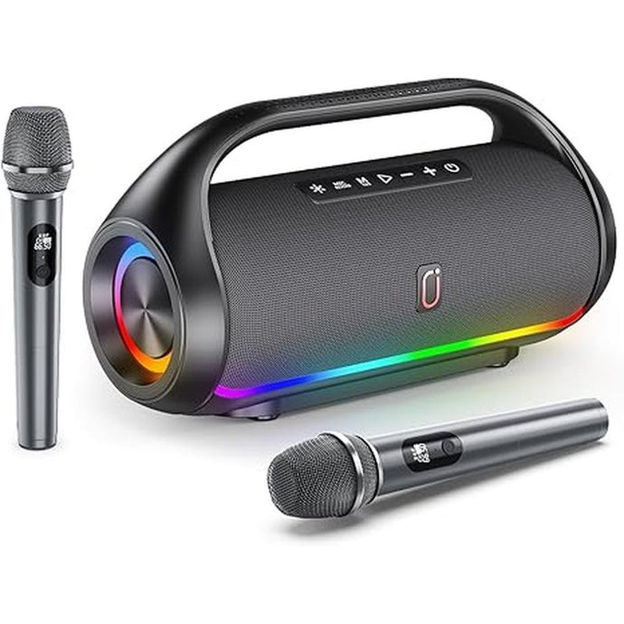 Portable Bluetooth Speaker with 2 Wireless Microphones, IPX5 Waterproof Speakers with Deep Bass & LED Lights, Loud Stereo Portable Speaker for Outdoor Indoor Home Parties Hiking Camping