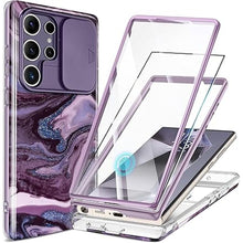 Load image into Gallery viewer, GVIEWIN for Samsung Galaxy S24 Ultra Case, [Slide Camera Cover &amp; Built-in Screen Protector] [2 Front Frame] Military Grade Shockproof Marble Phone Case Cover 6.8&quot; (Quicksand/Purple)
