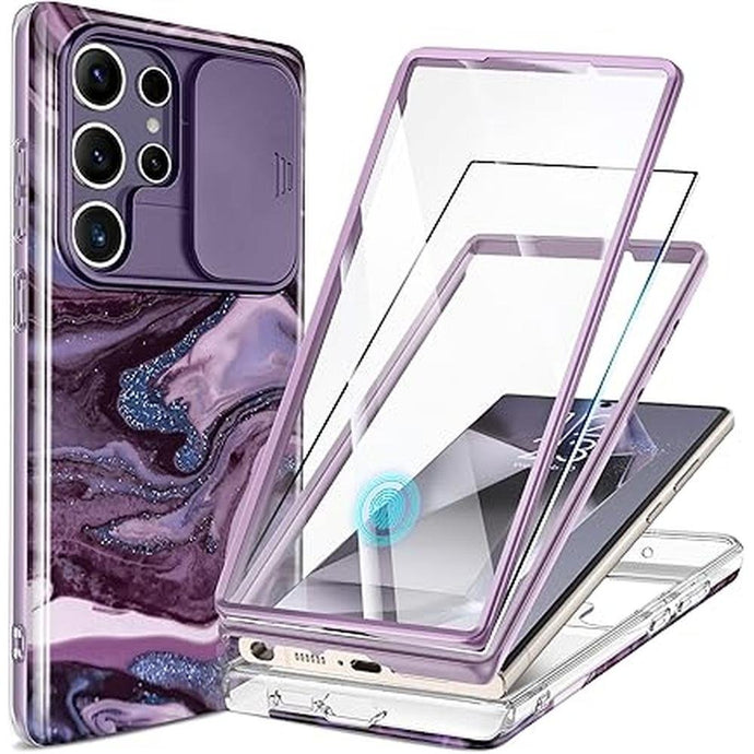 GVIEWIN for Samsung Galaxy S24 Ultra Case, [Slide Camera Cover & Built-in Screen Protector] [2 Front Frame] Military Grade Shockproof Marble Phone Case Cover 6.8