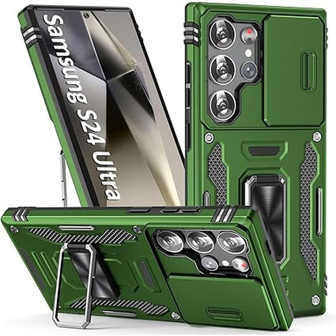 Phone Case for Samsung S24 Ultra Case Samsung Galaxy S24 Ultra Phone Case with Camera Lens Cover, with Ring Holder Kickstand, fit Magnetic Car Mount, for Samsung Galaxy 24 Ultra (Olive Green)