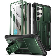 Load image into Gallery viewer, Poetic Spartan Case for Galaxy S24 Ultra 6.8&quot;, [Slide Camera Cover] [Screen Protector Works with Fingerprint ID] Military Grade Rugged Shockproof S24 Ultra Phone Case with Kickstand, Metallic Green
