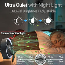 Load image into Gallery viewer, Small Fan, High Power Silent Desk Fan Portable USB Fan 3000mAh Rechargeable Battery Powered, 3 Speed 5.3in with Night Light/Hook,180°Rotated Easy Clean (Black)
