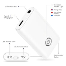Load image into Gallery viewer, Bluetooth Transmitter Receiver 2 in 1, Hands-Free Call Aux Bluetooth Adapter for Car, 3.5mm Wireless Audio Adapter Home Audio System Headphones Airplane Speaker, White
