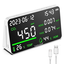 Load image into Gallery viewer, 7-in-1 Indoor Air Quality Monitor,Desktop CO2/TVOC/HCHO Detector with Temperature,Humidity,Time &amp; Date Display,High Accuracy,Ideal for Wildfire Monotoring,Home,Office,and School Use
