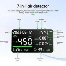 Load image into Gallery viewer, 7-in-1 Indoor Air Quality Monitor,Desktop CO2/TVOC/HCHO Detector with Temperature,Humidity,Time &amp; Date Display,High Accuracy,Ideal for Wildfire Monotoring,Home,Office,and School Use
