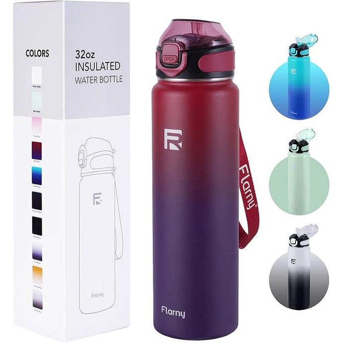 32 oz Insulated Water Bottle with Straw, Stainless Steel Metal Thermos Bottles, Durable Non-Slip Gradient Bottle with Strap for Sports and Travel, Leak Proof (Red Blue)