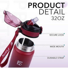 Load image into Gallery viewer, 32 oz Insulated Water Bottle with Straw, Stainless Steel Metal Thermos Bottles, Durable Non-Slip Gradient Bottle with Strap for Sports and Travel, Leak Proof (Red Blue)
