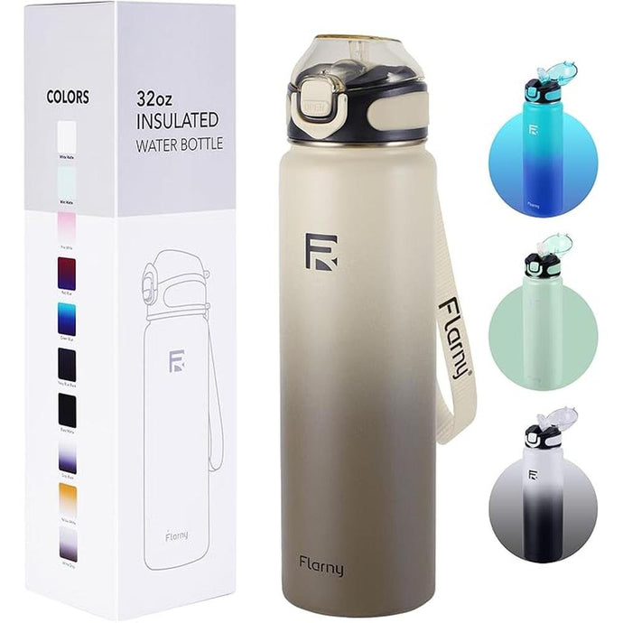 32 oz Insulated Water Bottle with Straw, Stainless Steel Metal Thermos Bottles, Durable Non-Slip Gradient Bottle with Strap for Sports and Travel, Leak Proof (White Gray)