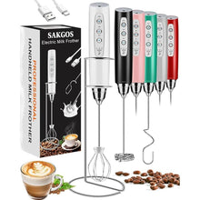 Load image into Gallery viewer, Milk Frother with Stand Rechargeable-Handheld Coffee Frother with 3 Stainless Whisks 3 Speed Adjustable, Electric Whisk Drink Mixer, Foam Maker Blender for Matcha Latte Cappuccino Chocolate
