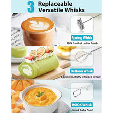 Load image into Gallery viewer, Milk Frother Rechargeable Handheld-Electric Whisk 3 Speed Adjustable, Frother Wand Coffee with 3 Stainless Whisks, Electric Foam Maker, Drink Mixer Blender for Latte Cappuccino Matcha Egg
