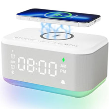 Load image into Gallery viewer, Alarm Clock Speaker Wireless Charger, Digital Alarm Clocks Bedrooms Bluetooth, Alarm Clock Dimmable Light Bedrooms Dual Alarm Snooze Dimmer 12 24H RGB Night Light Bluetooth USB AUX, White
