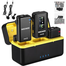 Load image into Gallery viewer, NEEWER CM28 Wireless Lavalier Microphone System with Charging Case, 2 Mic Clips, 1 Click Noise Canceling, 4GB Storage, 9H Playtime, Lavalier Lapel Mic Compatible with iPhone/Android/PC/Camera/iPad
