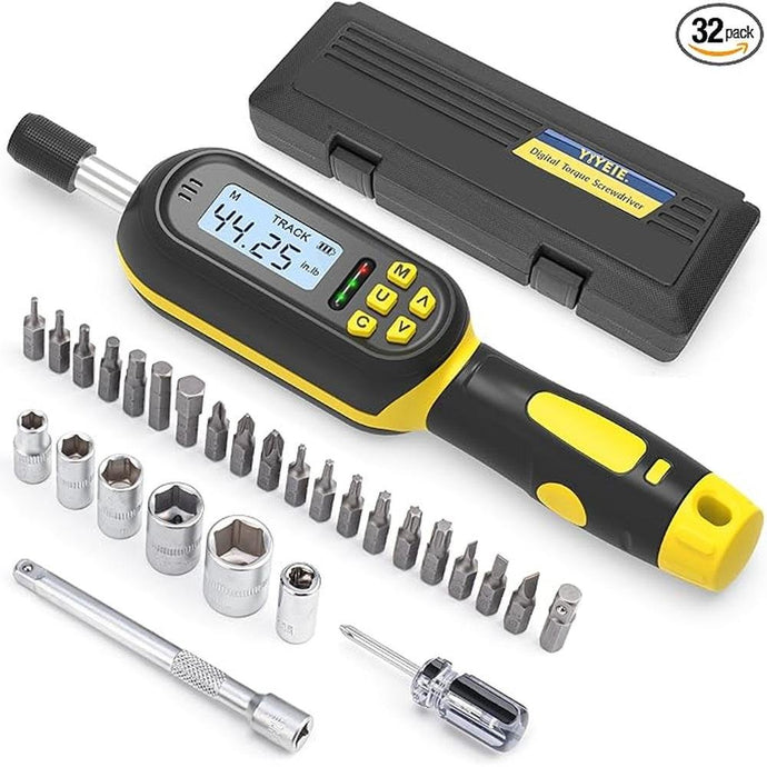 32PCS Digital Torque Screwdriver, 2.66-53.1 in-lbs/0.3-6 Nm, Inch Pound Torque Screwdriver Electrician with Buzzer & LED Indicator, Adjustable Screwdriver Torque Wrench Set with Bits & Sockets
