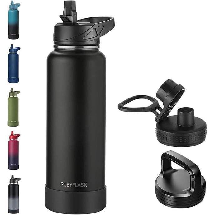 40oz Insulated Water Bottle with Straw, Stainless Steel Metal Vacuum Water Flask, Large Thermos Water bottle with Leakproof 3 Lids for Travel, Camping, Gym Sports Black