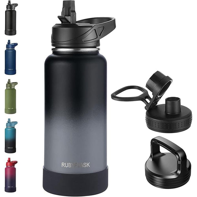 32oz Insulated Water Bottle with Straw, Stainless Steel Metal Vacuum Water Flask, Large Thermos Water bottle with Leakproof 3 Lids for Travel, Camping, Gym Sports Black Gray