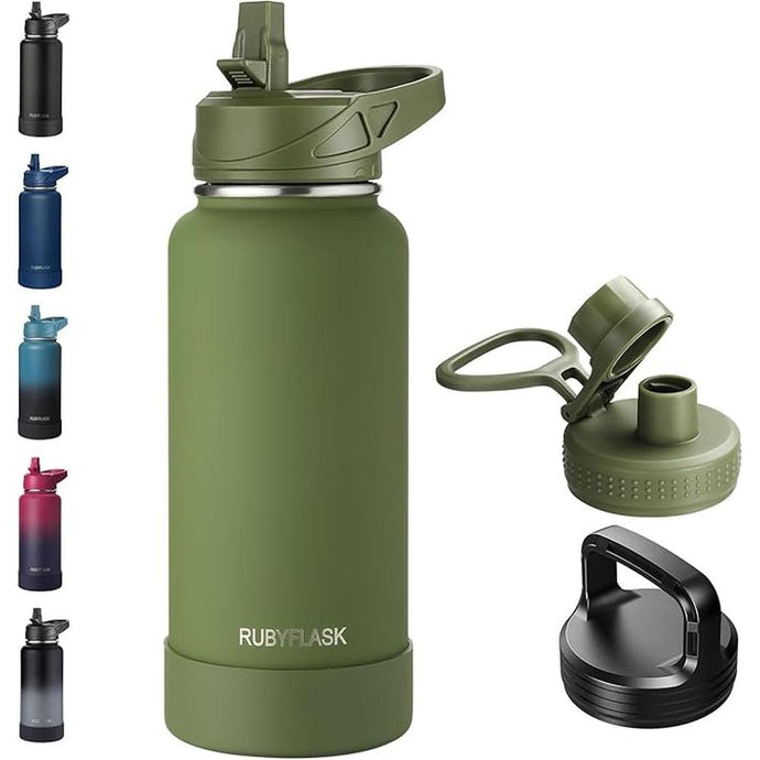 32oz Insulated Water Bottle with Straw, Stainless Steel Metal Vacuum Water Flask, Large Thermos Water bottle with Leakproof 3 Lids for Travel, Camping, Gym Sports Armygreen