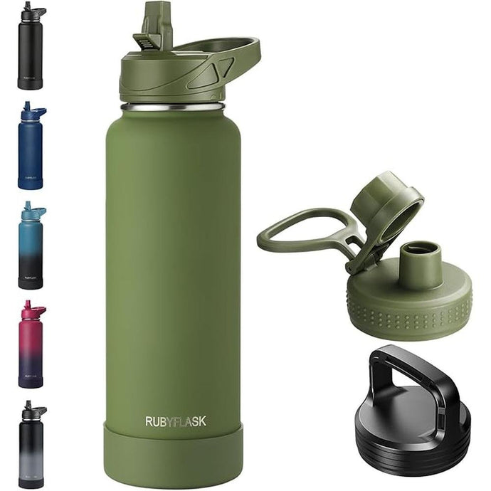 40oz Insulated Water Bottle with Straw, Stainless Steel Metal Vacuum Water Flask, Large Thermos Water bottle with Leakproof 3 Lids for Travel, Camping, Gym Sports Armygreen