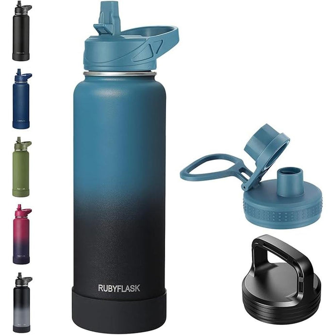 40oz Insulated Water Bottle with Straw, Stainless Steel Metal Vacuum Water Flask, Large Thermos Water bottle with Leakproof 3 Lids for Travel, Camping, Gym Sports Indigo Black