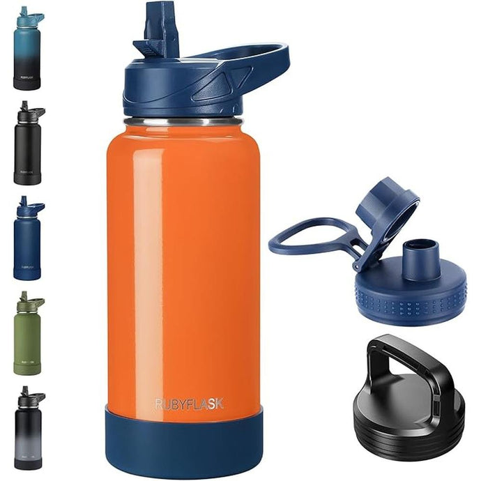 32oz Insulated Water Bottle with Straw, Stainless Steel Metal Vacuum Water Flask, Large Thermos Water bottle with Leakproof 3 Lids for Travel, Camping, Gym Sports Orange