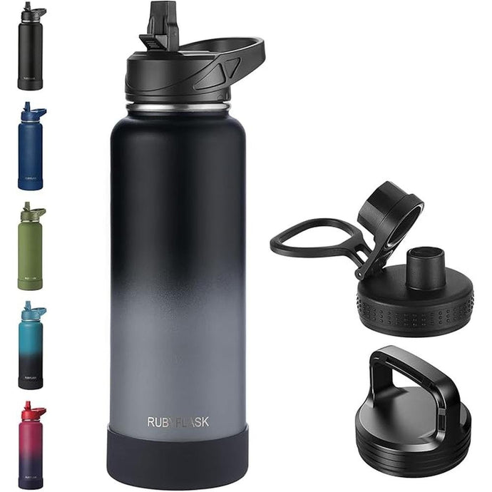 40oz Insulated Water Bottle with Straw, Stainless Steel Metal Vacuum Water Flask, Large Thermos Water bottle with Leakproof 3 Lids for Travel, Camping, Gym Sports Black Gray