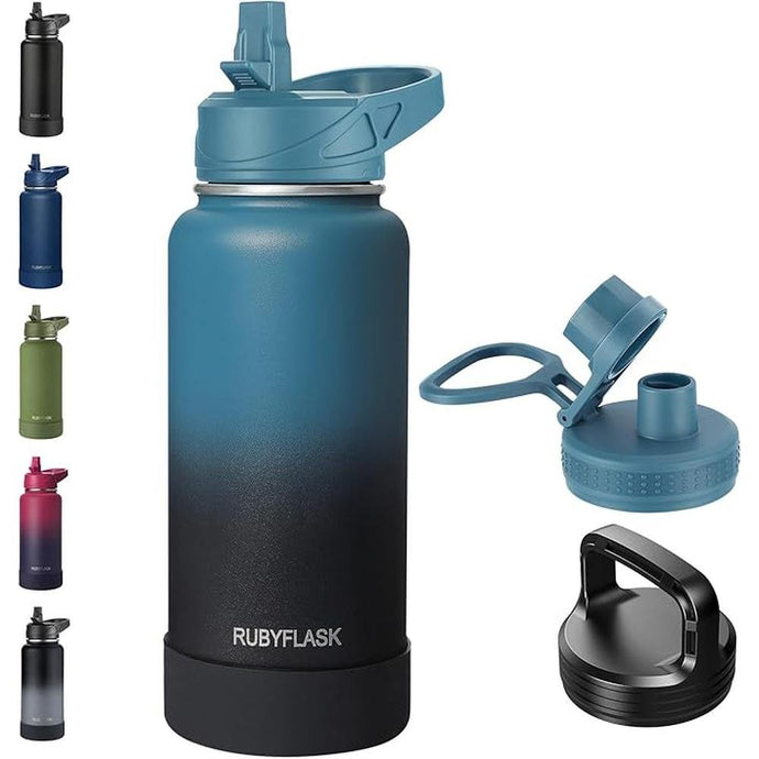 32oz Insulated Water Bottle with Straw, Stainless Steel Metal Vacuum Water Flask, Large Thermos Water bottle with Leakproof 3 Lids for Travel, Camping, Gym Sports Indigo Black