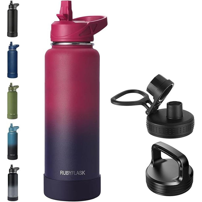 40oz Insulated Water Bottle with Straw, Stainless Steel Metal Vacuum Water Flask, Large Thermos Water bottle with Leakproof 3 Lids for Travel, Camping, Gym Sports Dark Rainbow