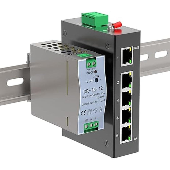 5 Port 100Mb Unmanaged Industrial Switch with DIN Rail 15W Power Supply,10/100Mbps Fast Ethernet,IP40,4KV Lightning Protection,Operating Temperature Range -40° – 80°C DIN Rail Network Switch