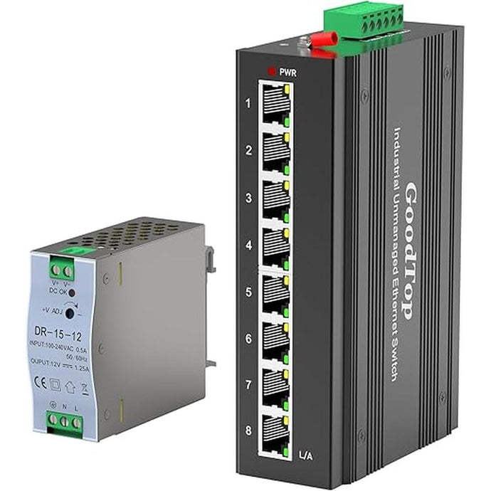 8 Port Gigabit Industrial Switch,DIN-Rail Unmanaged Ethernet Switch with 15W DIN-Rail Industrial Power Supply,10/100/1000Mbps Network Switch,IP40,One-Key VLAN,Lightning Protection