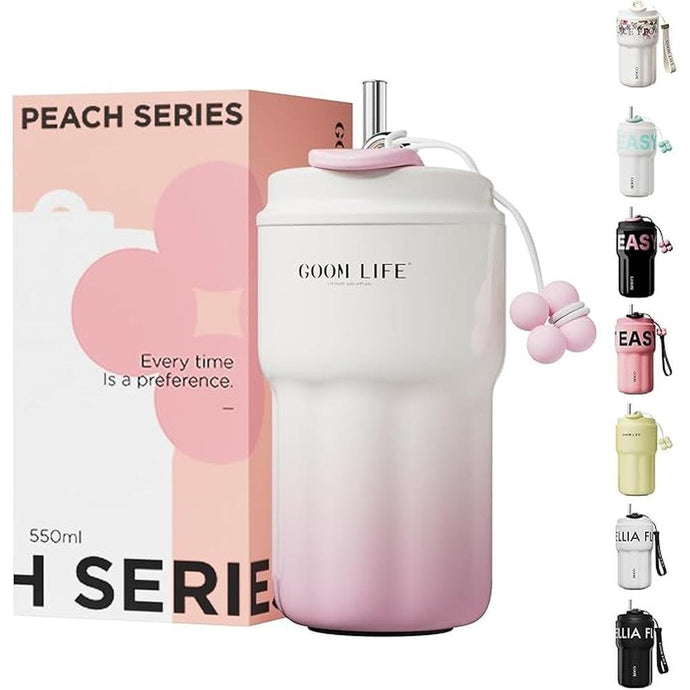 GOOM 18oz Travel Coffee Mug Tumbler with Lid and Straw, 18/10 Stainless Steel, 6-Layer Insulation, Spill Proof, Leak Proof Tumbler with Straw Mouth Rotary Lock, Coffee Mugs for Women - White, Pink