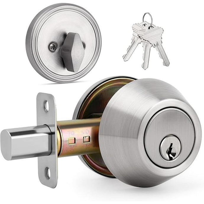 Round Design Single Cylinder Deadbolt with Keys, Exterior Keyed Dead Bolt Lock for Front Entrance Door Security, Satin Nickel